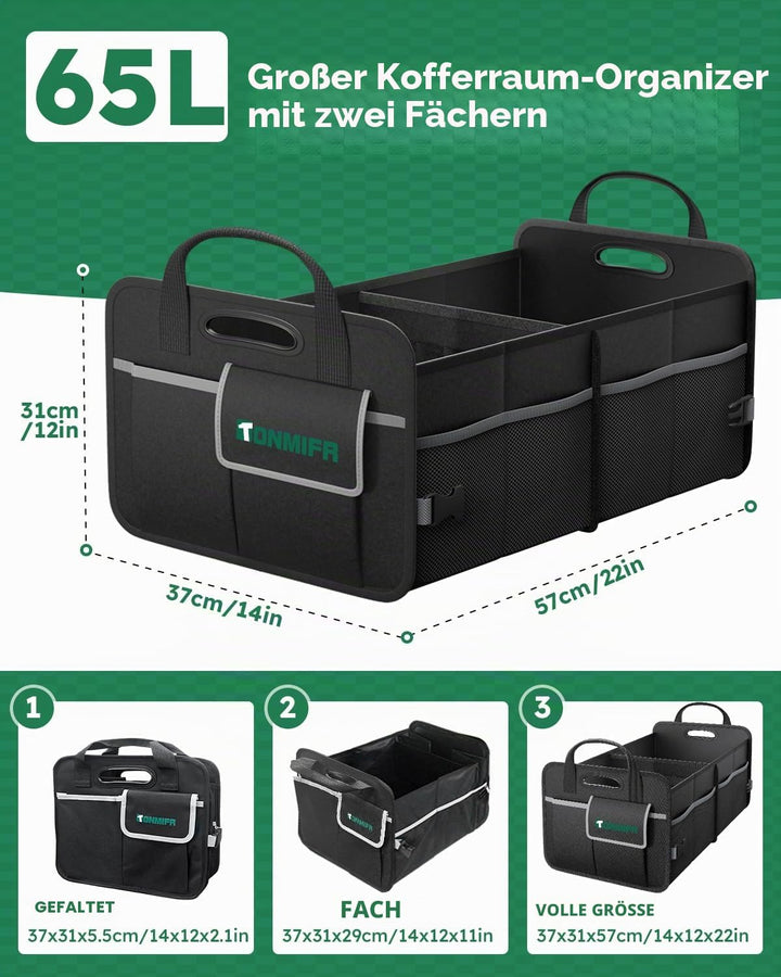 Kofferraum-Organizer mit 2 Fächern, strapazierfähig, 600D Oxford, zusammenklappbar, mit reflektieren
