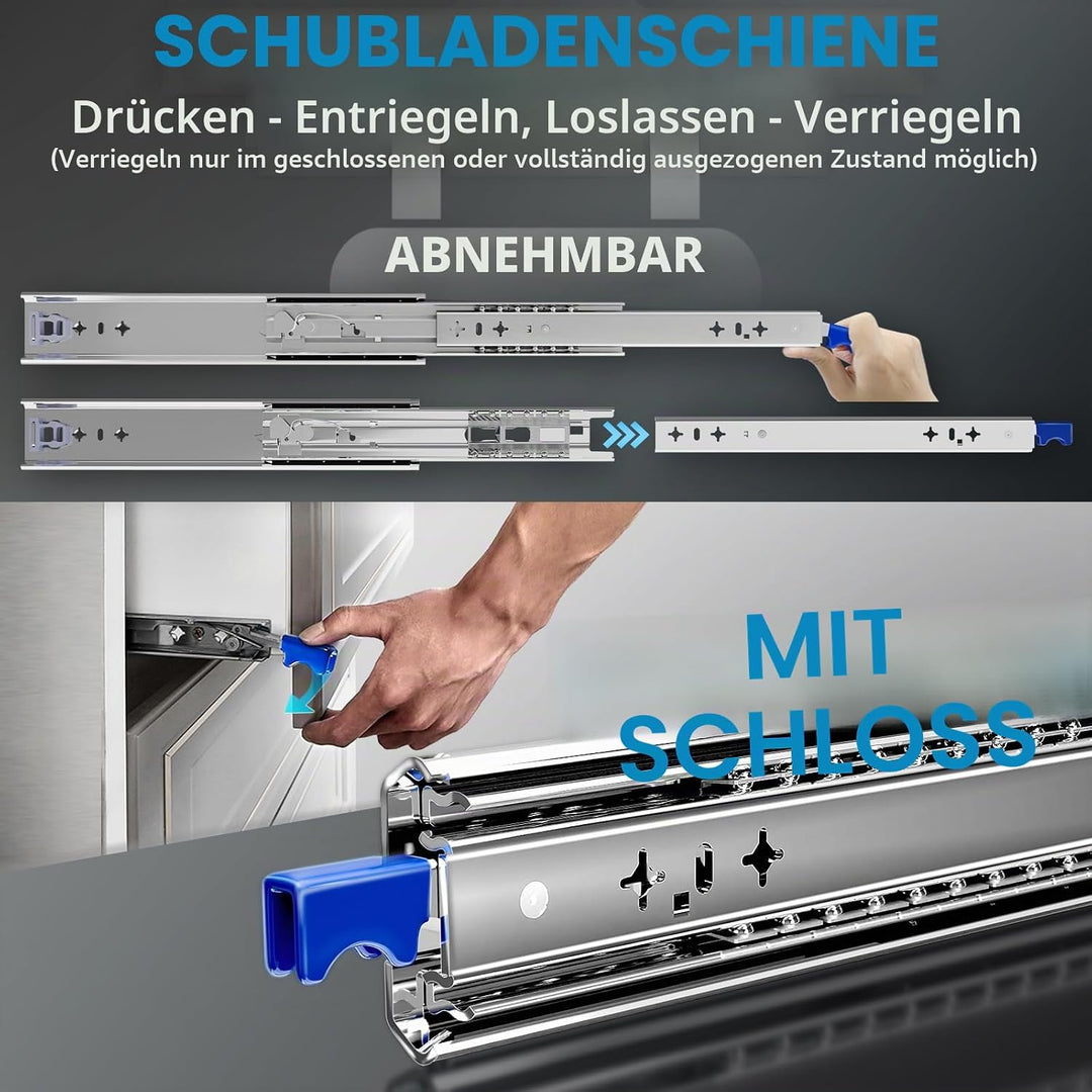 AOLISHENG schubladenschiene vollauszug 550 mm,Schwere schubladenführungen mit Schloss 100 kg Ladekap