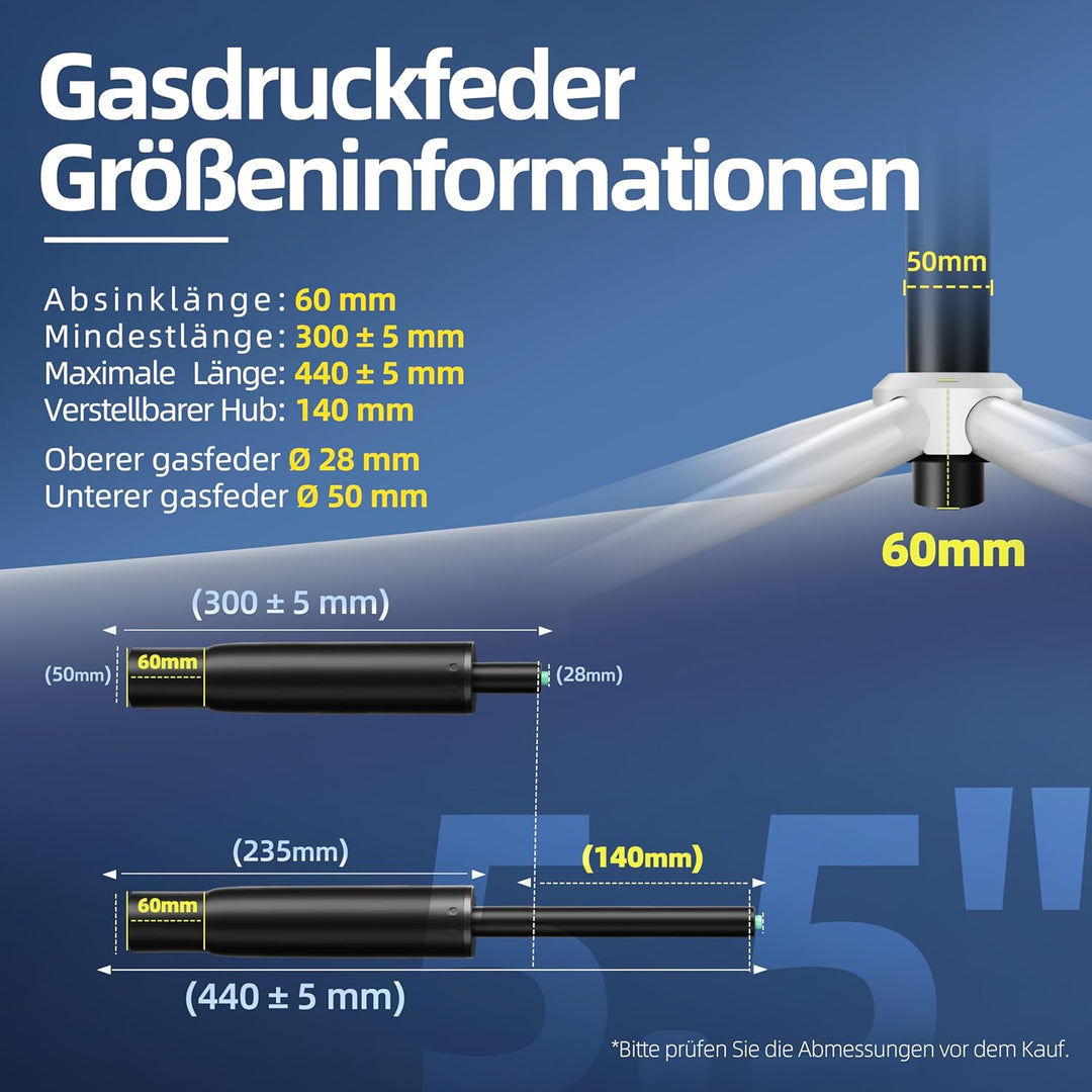 Mastery Mart 229mm-381mm Gasdruckfeder für Bürostuhl, Gasfeder mit 140mm einstellbarem Hub, bis 450k