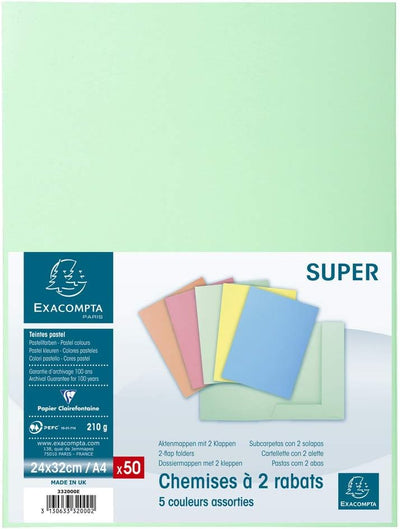 Exacompta Super 250 PACK 50 Hemden für A4 2 Klappen 24 x 32 cm farblich sortiert, farblich sortiert