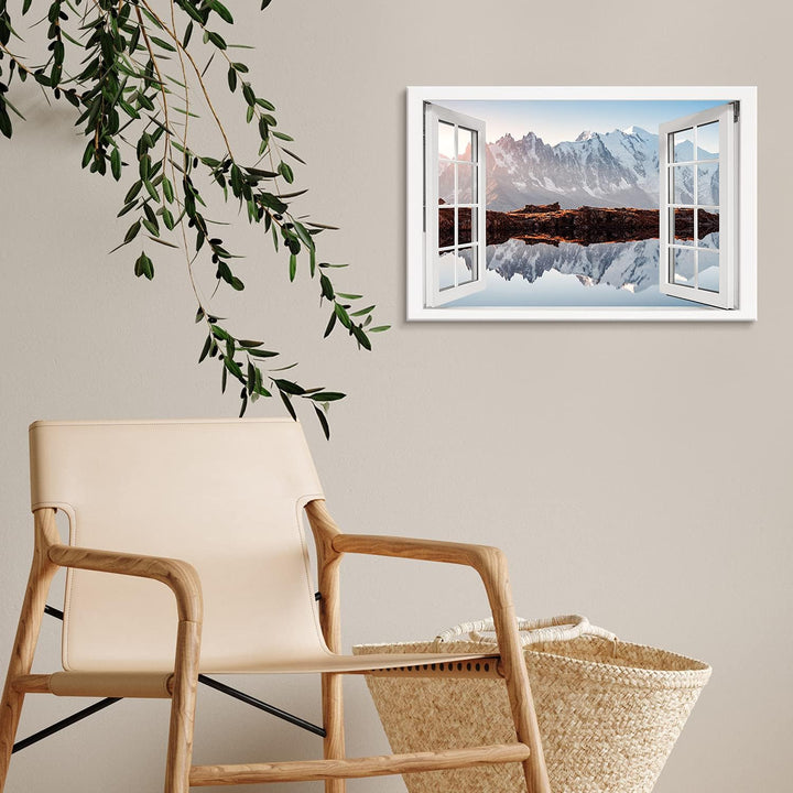 PICANOVA – Bild auf Leinwand Monte Bianco Alpen Bergsee Chesery Fenster 60x40cm Leinwandbild – Premi