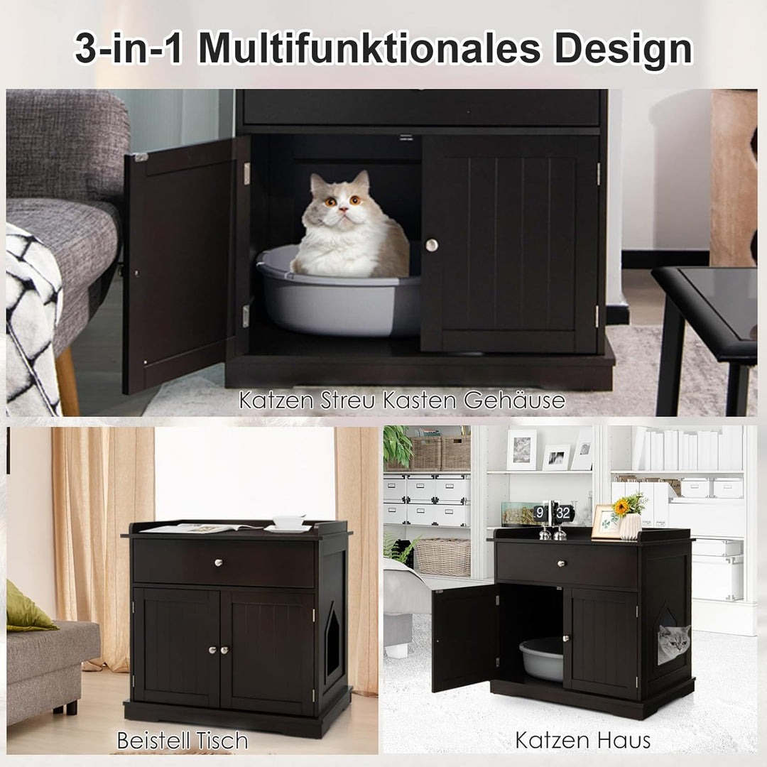 COSTWAY Katzenschrank mit Schublade & Tür & Eingang, 3-in-1 Katzenhaus Katzentoilette Beistelltisch,