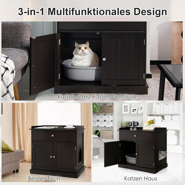 COSTWAY Katzenschrank mit Schublade & Tür & Eingang, 3-in-1 Katzenhaus Katzentoilette Beistelltisch,