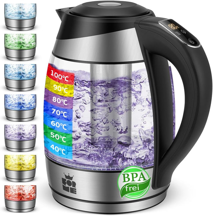 ForMe Glas Wasserkocher 1,8 Temperatureinstellung Temperaturwahl 40°C-100°C Farbwechsel LED I BPA FR