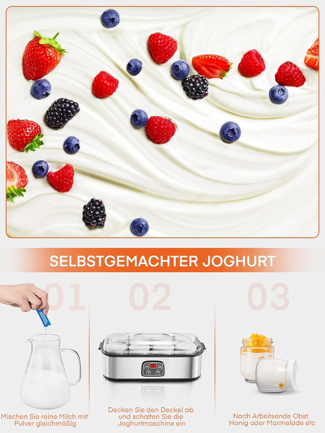 Joghurtmaschine, Griechische Joghurtbereiter mit 8 Gläsern/Deckeln, One-Touch-Display: Perfekt für o