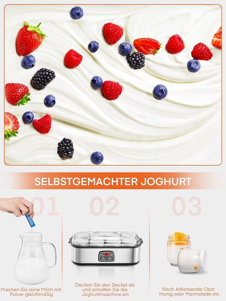 Joghurtmaschine, Griechische Joghurtbereiter mit 8 Gläsern/Deckeln, One-Touch-Display: Perfekt für o