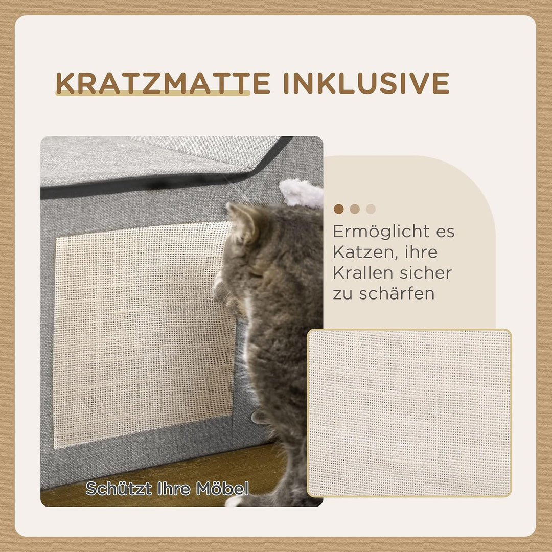 PawHut Katzenhöhle Katzenbett mit waschbarem Kissen, Kratzmatte, Spielball, Doppeltüren, Katzenhaus