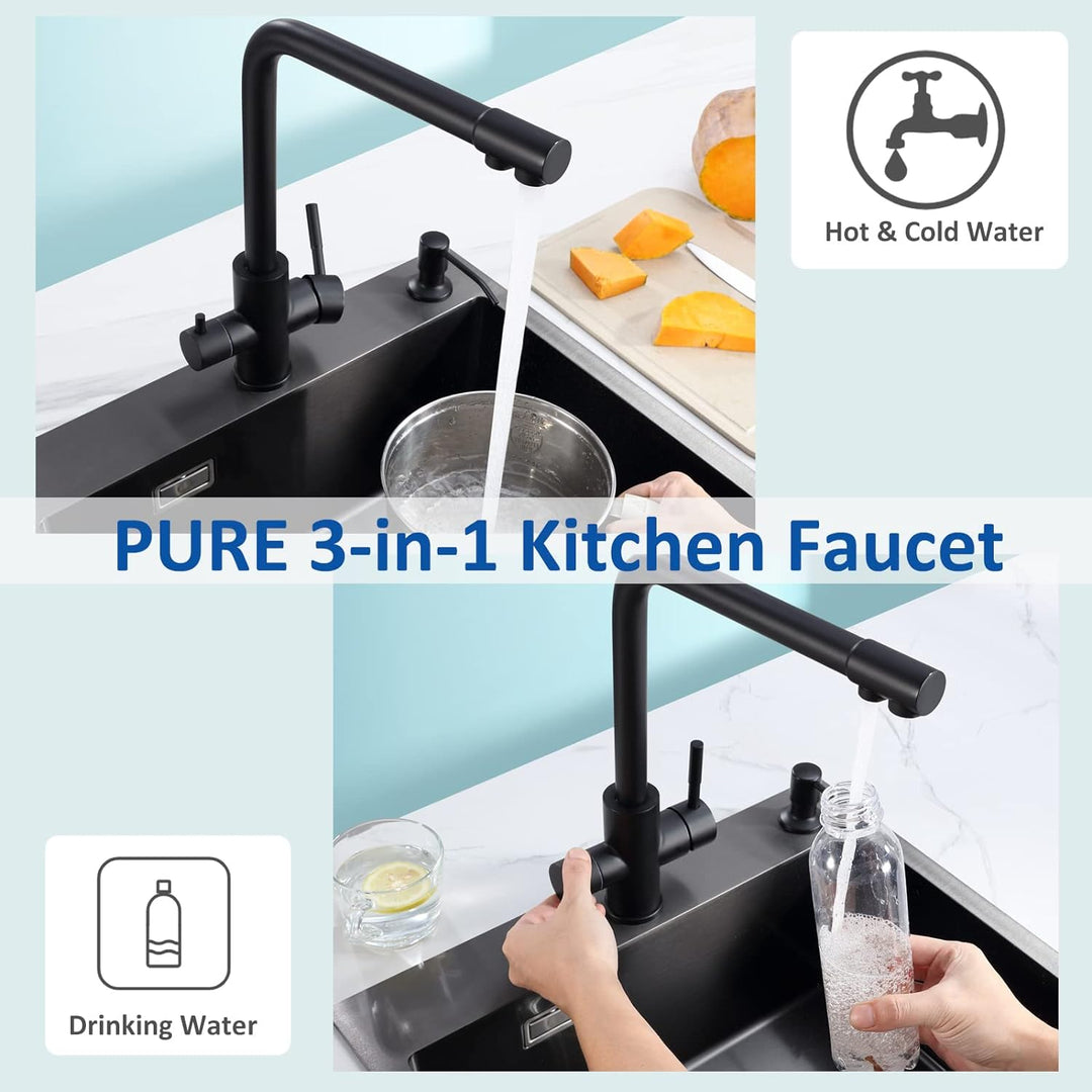 CECIPA 3 Wege Wasserhahn Küche, Küchenarmatur 360° Schwenkbar, Mischbatterie Küche für Osmoseanlage,