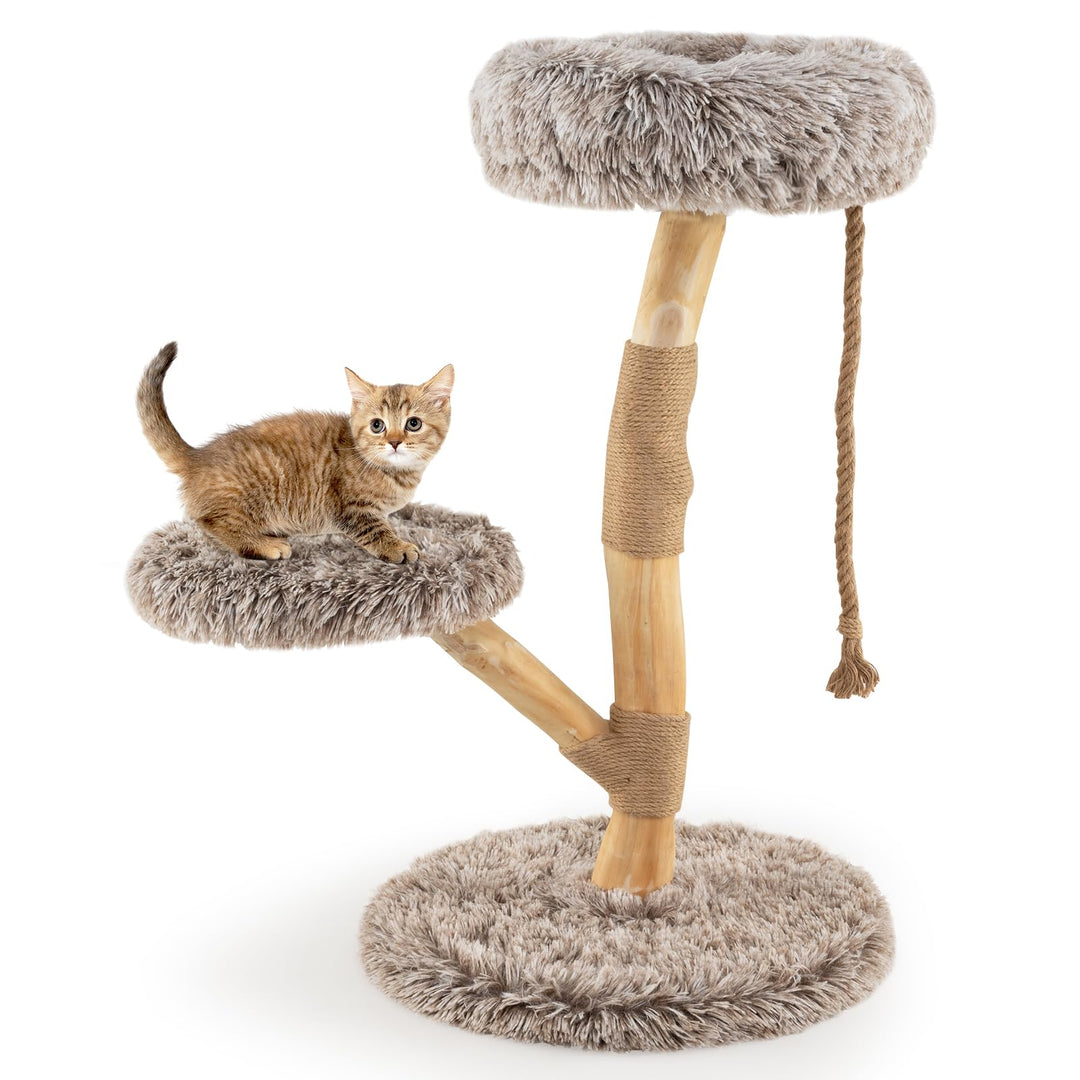 COSTWAY 90 cm Kratzbaum Holz, Katzenbaum mit 3 Plüschsitzflächen, Seil & Kratzpfosten aus Jute, Katz
