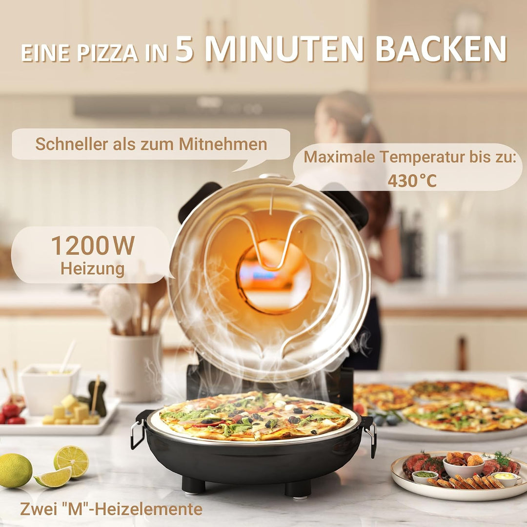 HOMCOM Pizzaofen elektrisch 430 ℃, 1200 Watt Pizzabäcker mit 30cm Steinplatte Timer Sichtfenster Übe
