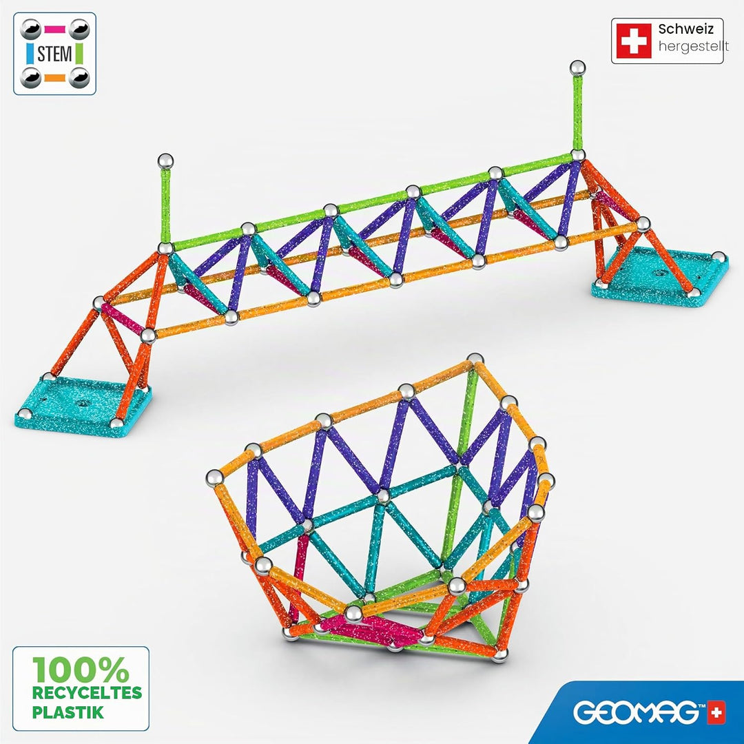 GEOMAG - GLITTER 142 Stück - 100% recyceltes Kunststoff - Magnetisches Bausteinset für Kinder ab 3-4