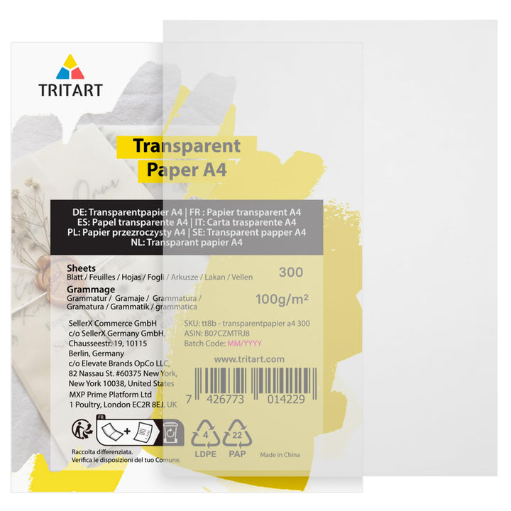 Tritart Transparentpapier Bedruckbar Weiss DIN A4 | 300 Blatt 100g/qm | Papier Transparent A4 - 300