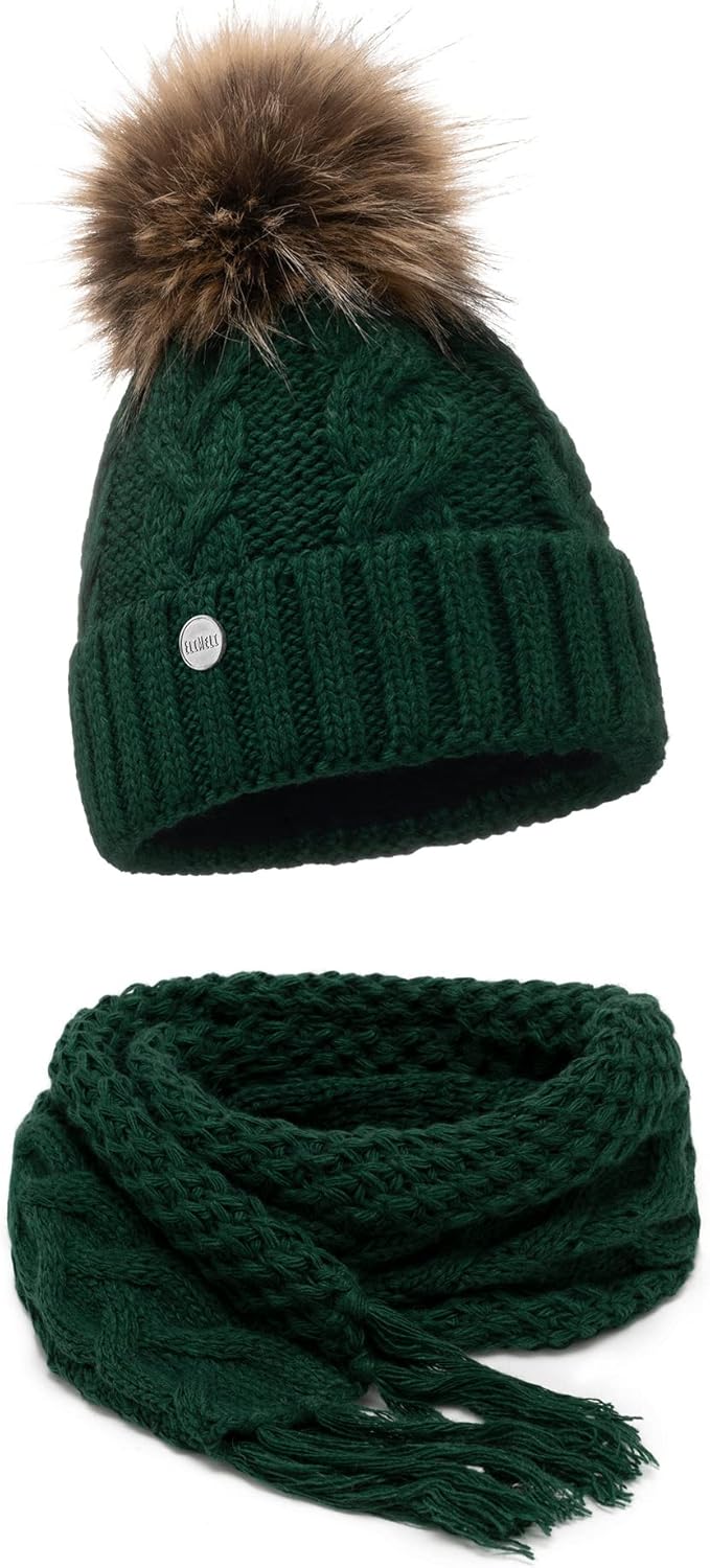 ELIMELI® Winter Mütze Damenmütze mit Fell-Bommel Fleece Innenfutter gefüttert - warme Damen Bommelmü