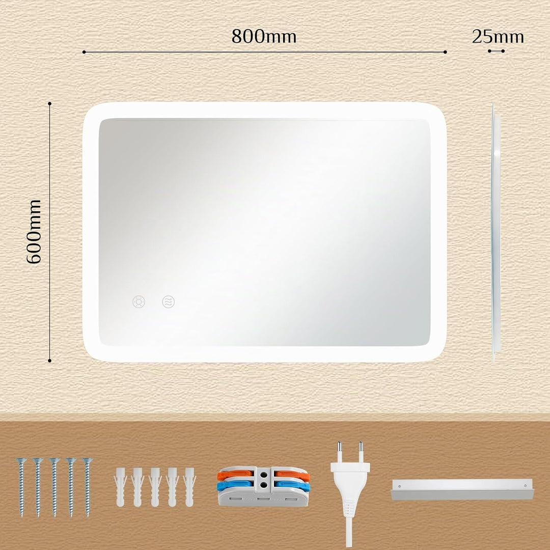 Clevich Badspiegel mit Beleuchtung 80×60 cm, LED Spiegel mit 3 Lichtfarben dimmbar, gehärtetes Glas