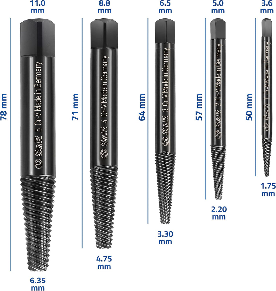 S&R Schraubenausdreher Set/MADE IN GERMANY/Linksausdreher-Satz, 5-tlg. aus hitzegehärtetem, geschmie