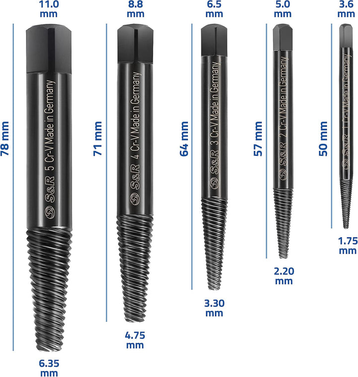 S&R Schraubenausdreher Set/MADE IN GERMANY/Linksausdreher-Satz, 5-tlg. aus hitzegehärtetem, geschmie
