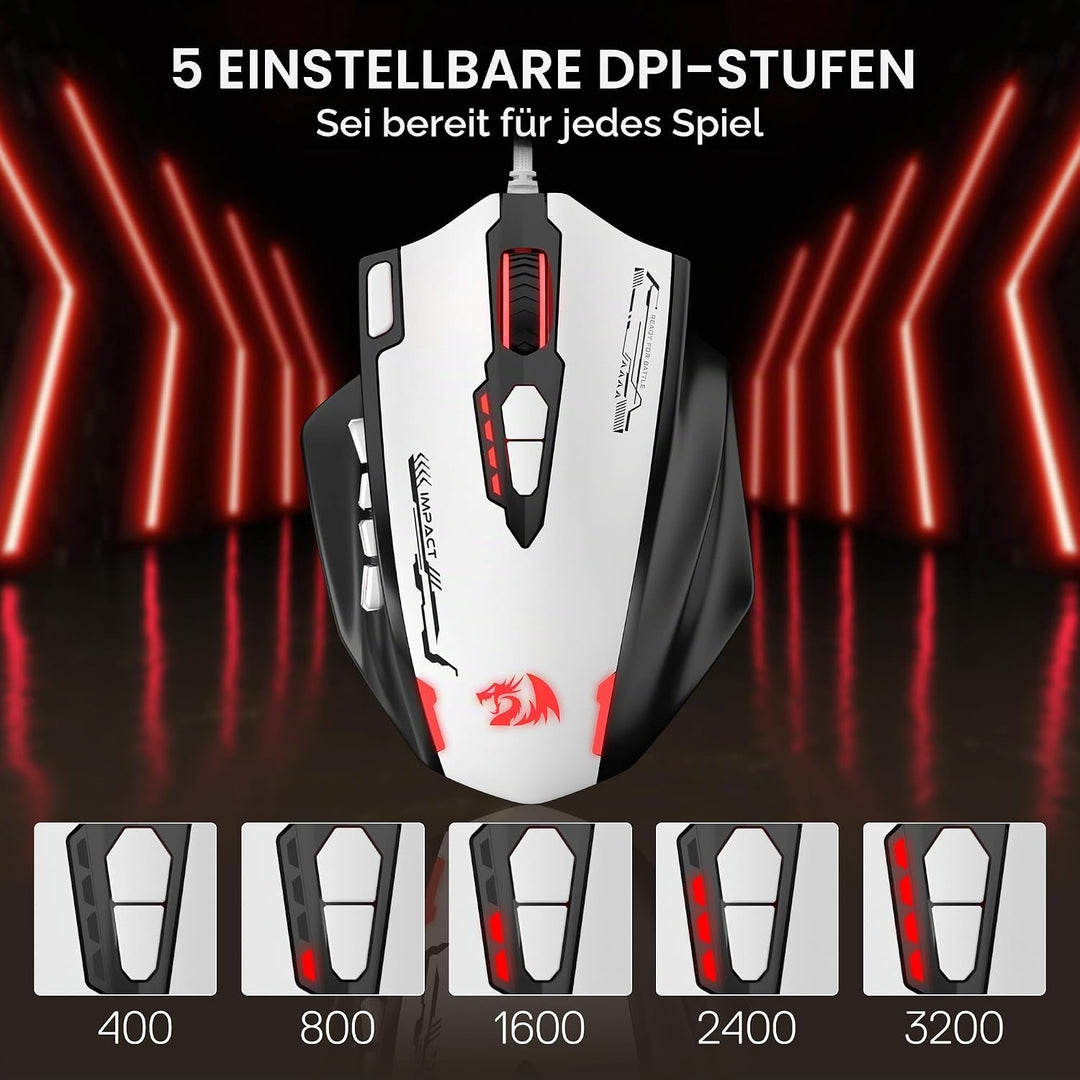 Redragon M908 Impact RGB MMO Gaming Maus, Ergonomische Optische Kabelmaus mit Max. 24.000 DPI, Hohe
