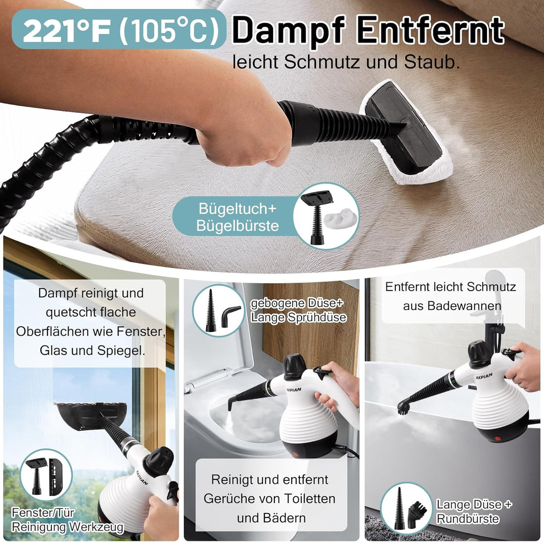 Dampfreiniger Handgerät, 3.2Bar Steam Cleaner mit 10 Zubehör | ˙Handdampfreiniger| 123°C Heissdampf