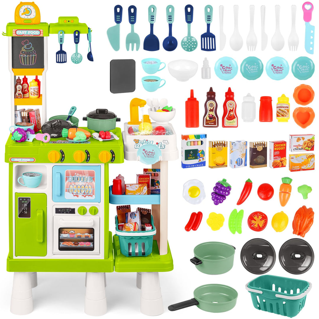 deAO Kinderküche Spielküche mit Wasserfunktion & Dampf, 54 Stck. Höhenverstellbar Küchenspielset mit