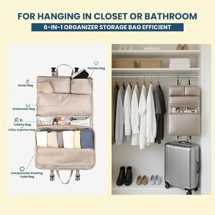 Surblue 6-in-1 Hängende Reise-Organizer-Tasche mit wasserdichten Fächern - Faltschrank für Koffer Au