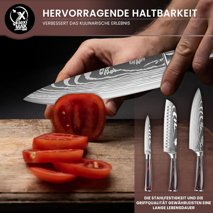 Küchenmesser Set von Küchenmessern: Chefmesser 8”, Santoku Messer 7”, Allzweckmesser 5” und Kartoffe