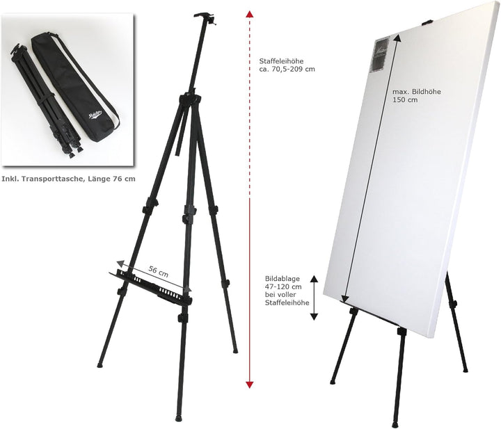 Paintersisters Rio XL Aluminium Staffelei 72-209cm gross, leicht 1,4 kg und faltbar mit Nylonbeutel