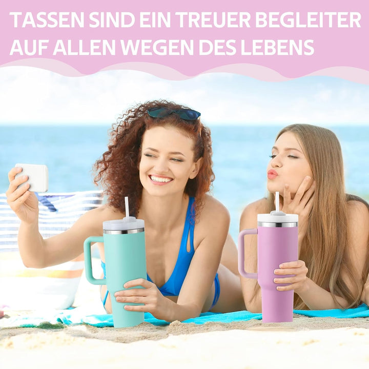 40oz Thermobecher mit Strohhalm und Henkel,1180 ML Doppelwandiger Edelstahl Heisse Kalte Getränke Va