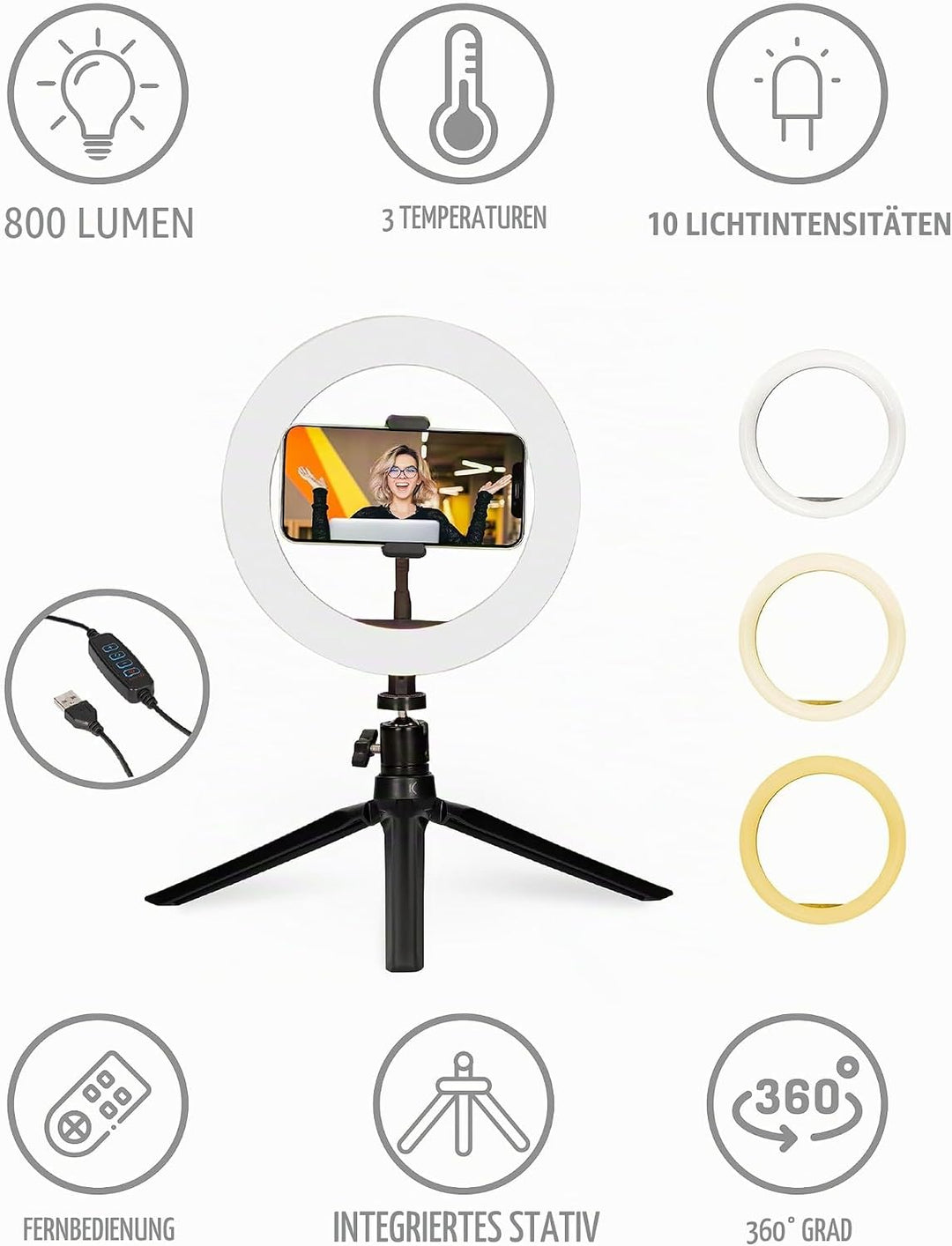 KSIX Dimmbare Tischstativ Lichtring LED Ring Licht für Handy, 3 Lichttemperaturen und 10 Helligkeits