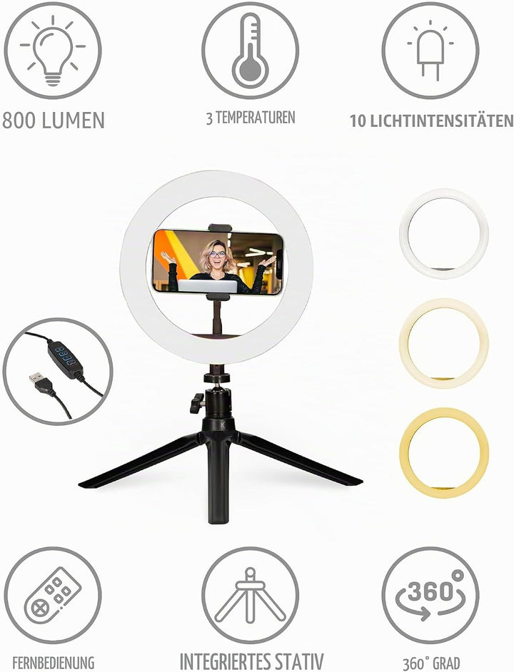 KSIX Dimmbare Tischstativ Lichtring LED Ring Licht für Handy, 3 Lichttemperaturen und 10 Helligkeits
