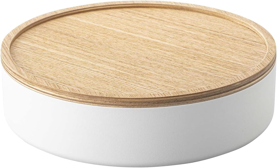 Yamazaki 5801 RIN Aufbewahrungsbehälter mit Deckel, rund, weiss, Stahl/Holz, Minimalistisches Design