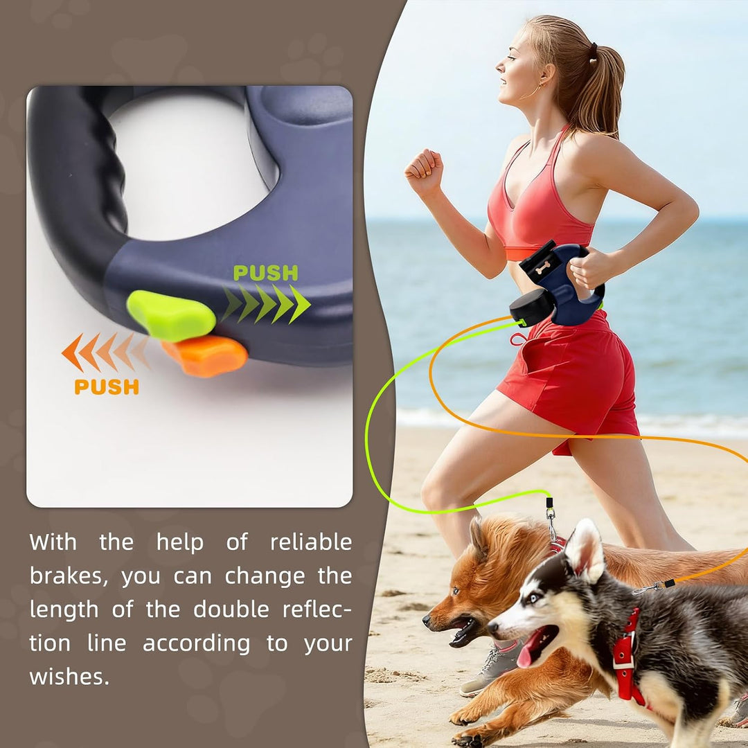 Hundeleine für 2 Hunde, Automatisch Einziehbare Hunde Leine mit Taschenlampe und Taschenspender, Dop