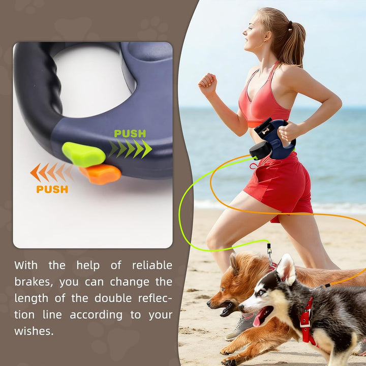 Hundeleine für 2 Hunde, Automatisch Einziehbare Hunde Leine mit Taschenlampe und Taschenspender, Dop