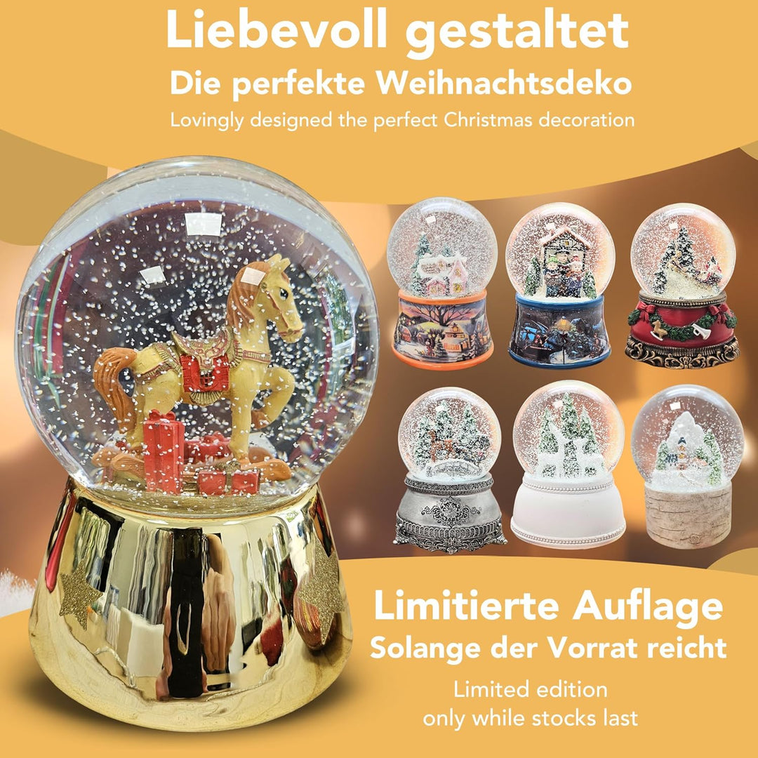 Weihnachts-Schneekugel mit Musik | Schneekugel Schaukelpferd mit Geschenken | Sockel Gold glänzend m