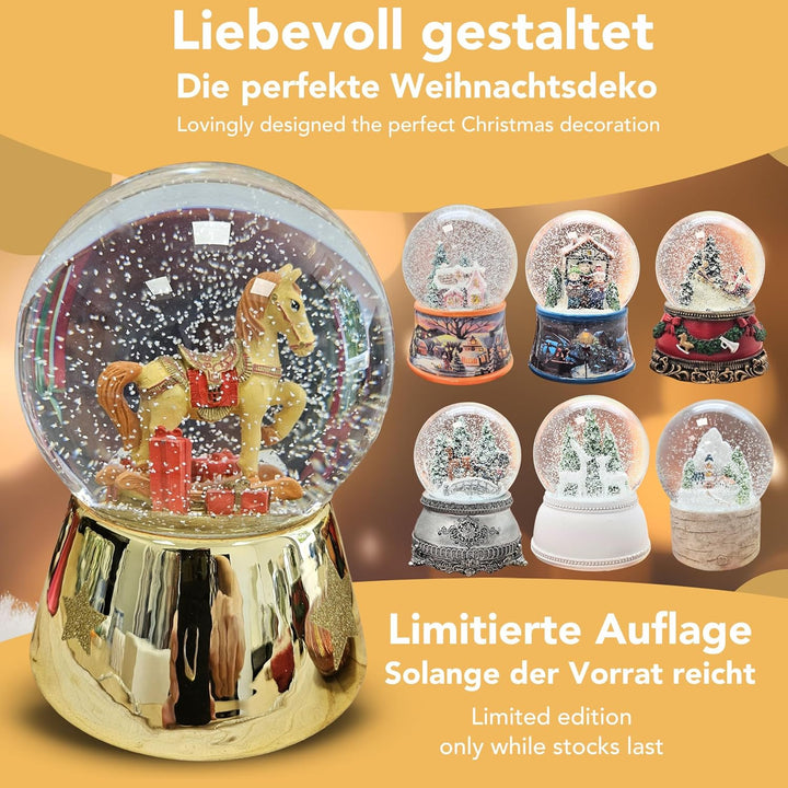 Weihnachts-Schneekugel mit Musik | Schneekugel Schaukelpferd mit Geschenken | Sockel Gold glänzend m