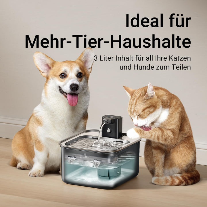DownyPaws Katzenbrunnen Edelstahl Kabellos, Trinkbrunnen für Katze Edelstahl mit Bewegungsmelder und