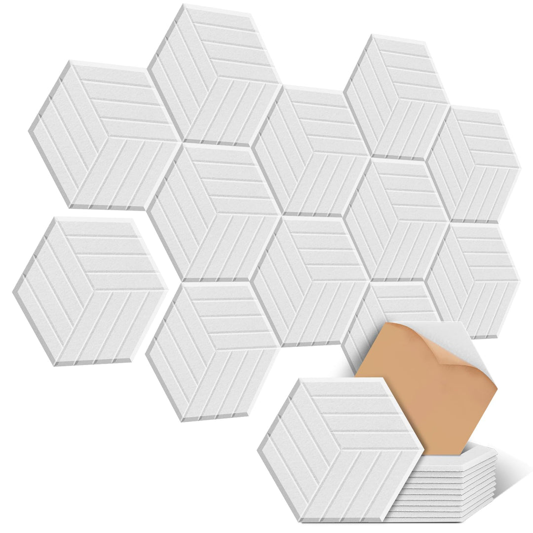 JAMELO 12 Stück sechseckige selbstklebende Akustikplatten aus Polyester zur Schalldämmung, 35 x 30 x
