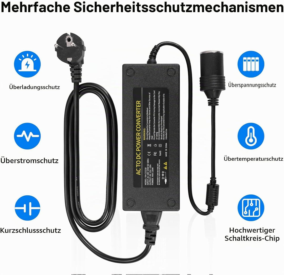 JIZZU 120W 10A KFZ Netzadapter Spannungswandler 230V auf 12V Adapter für Kühlbox, Haushalt Stromrich
