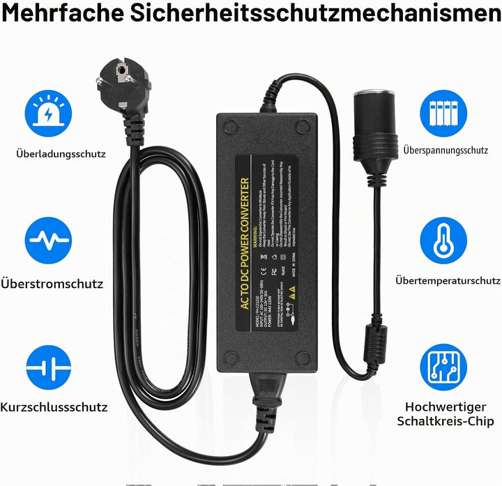 JIZZU 120W 10A KFZ Netzadapter Spannungswandler 230V auf 12V Adapter für Kühlbox, Haushalt Stromrich