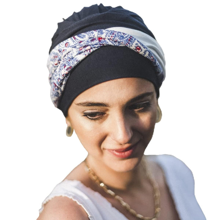 CAREBELL - Confort Cashmere - Mütze aus Bambus für Chemotherapie oder Alopezie, Marineblau mit Paisl