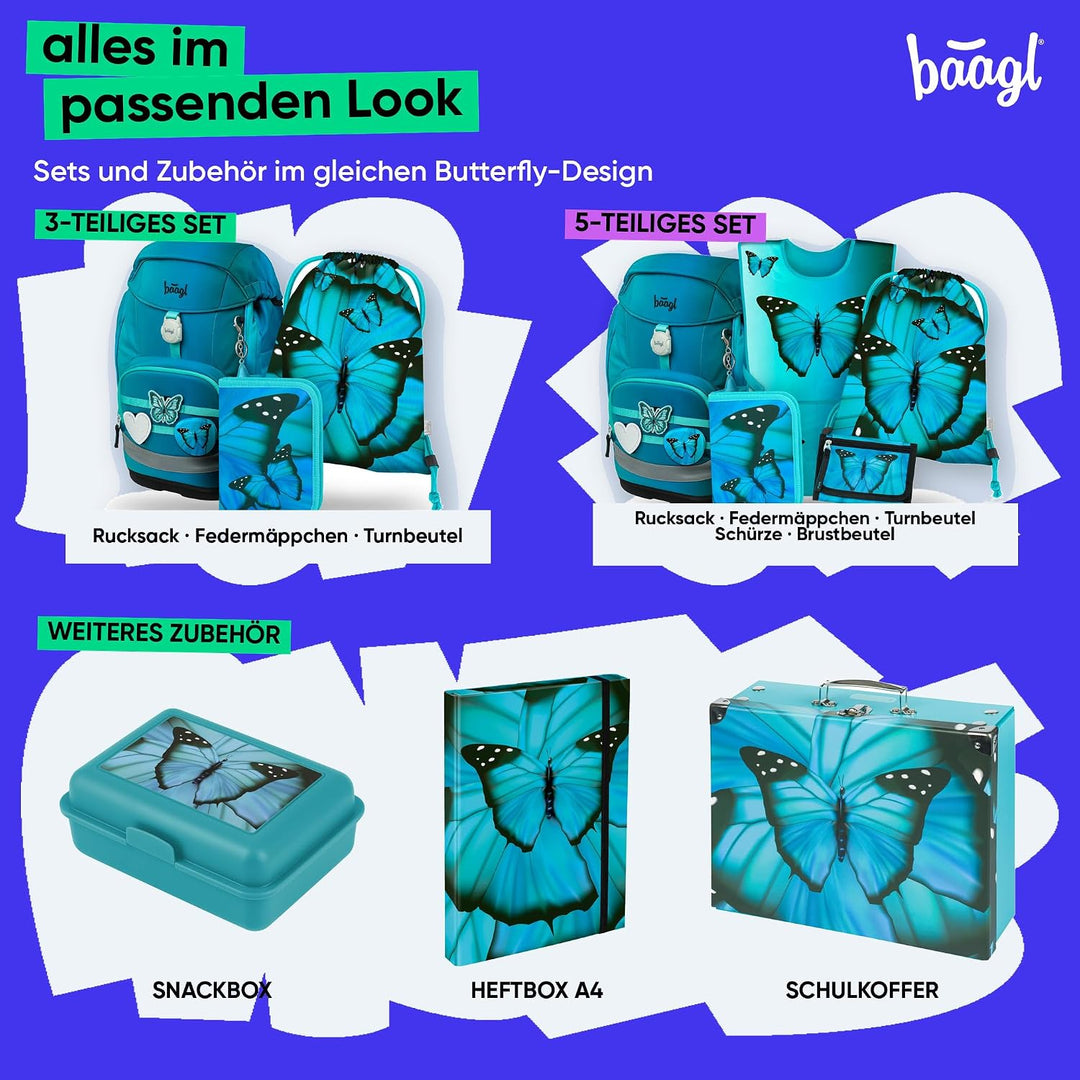 Baagl Airy Plus Schulranzen-Set 5-teilig, 25 l, ab 130 cm (Butterfly) | Isoliertes Snackfach; Magnet