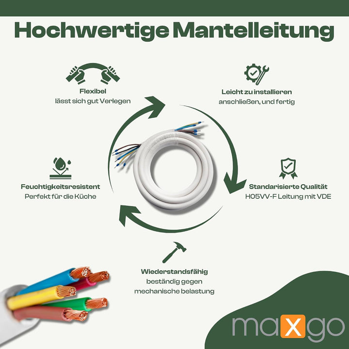 maxgo Herdanschlusskabel 8,5m H05VV-F 5x2,5 Kabel Herd Anschlusskabel Anschluss-Set für Backöfen &amp; H