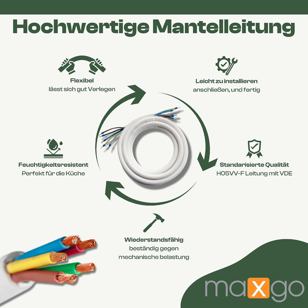 maxgo Herdanschlusskabel 35m H05VV-F 5x2,5 Kabel Herd Anschlusskabel Anschluss-Set für Backöfen &amp; He