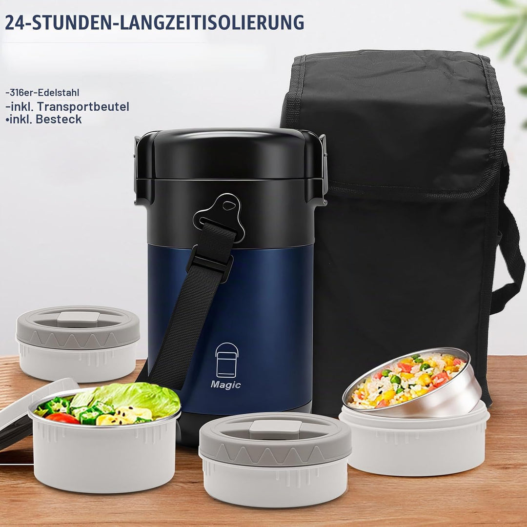 Thermobehälter Essen mit 4 Einzelnen Trennbehältern, Isolier-Lunchbox Edelstahl 2.6L, Auslaufsicher,