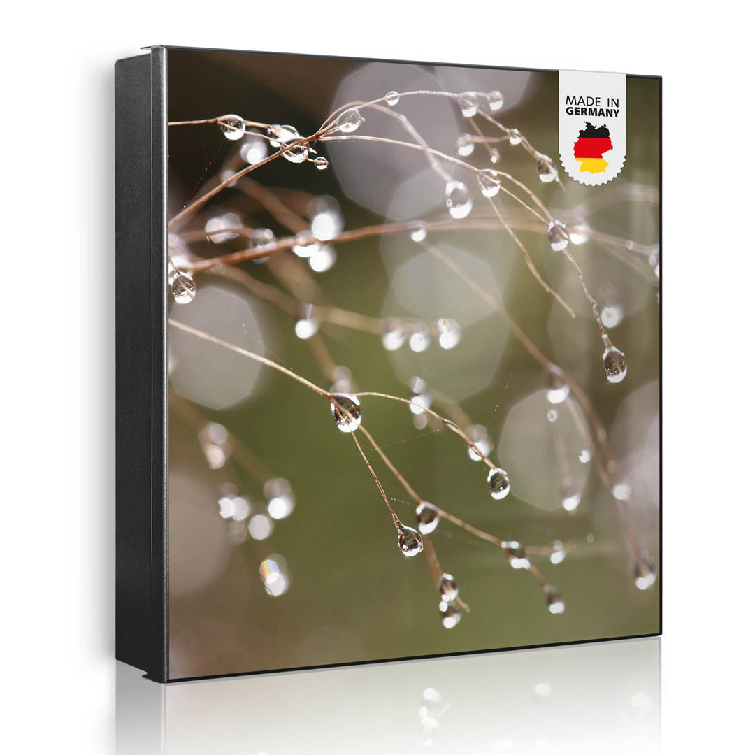 banjado® Grosser Schlüsselkasten Glas/Schlüsselbox 30cm x 30cm mit 50 Haken - Motiv Tau Auf Zweigen/