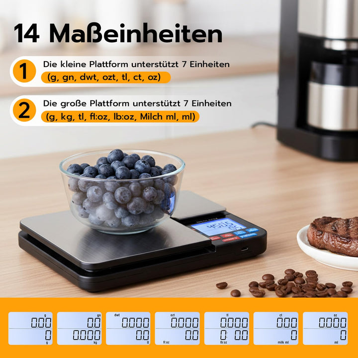 Digitale Küchenwaage mit 2 Plattformen,USB Wiederaufladbar – 10kg/1g & 500g/0,01g Dual Plattform Prä