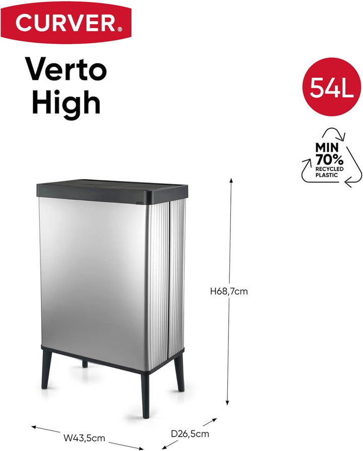 Curver Verto High 54L Mülleimer mit Push Deckel, optimal für Küche, einfache Sortierung, schlankes D