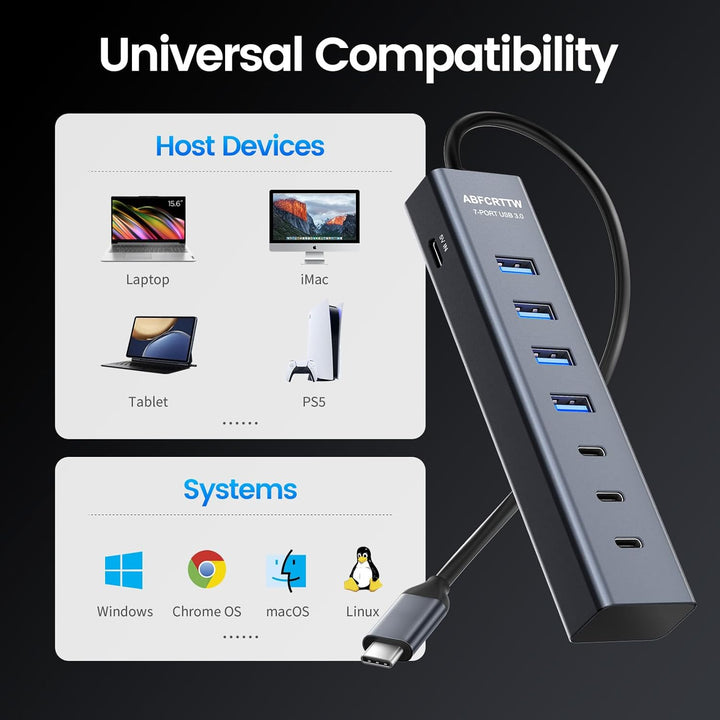 USB C auf USB Adapter, Aluminium USB C Hub 5Gbps Mit 4 USB-A & 3 USB-C Port, USB C Verteiler Mehrfac