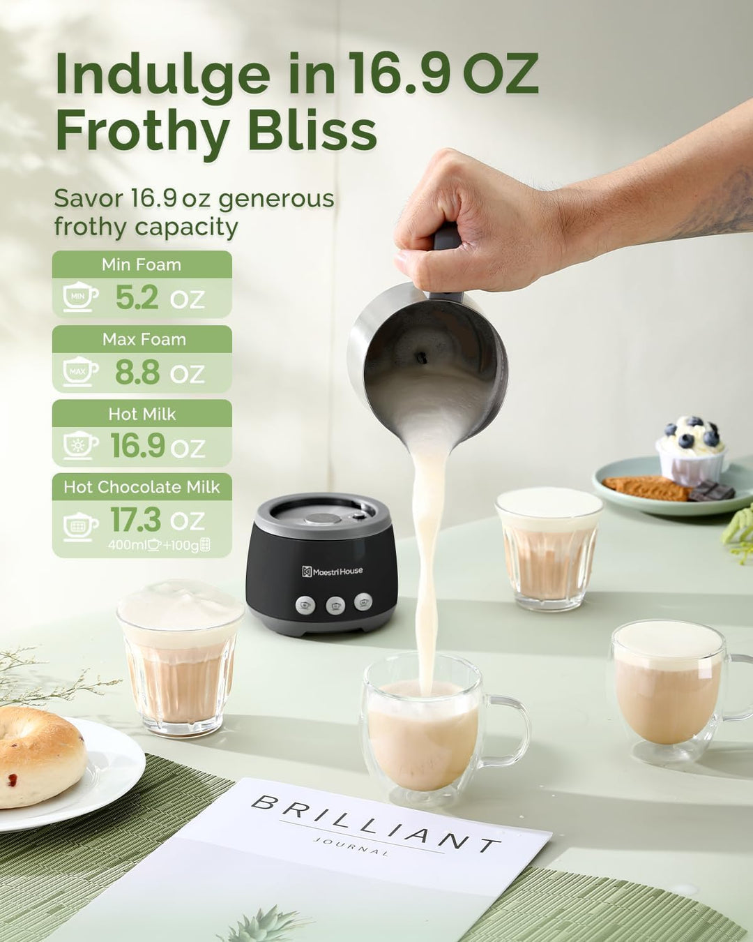 Maestri House Milchaufschäumer, 500ml 4-in-1 Elektrischer Milchschäumer, 600W Smart Touch Control fü