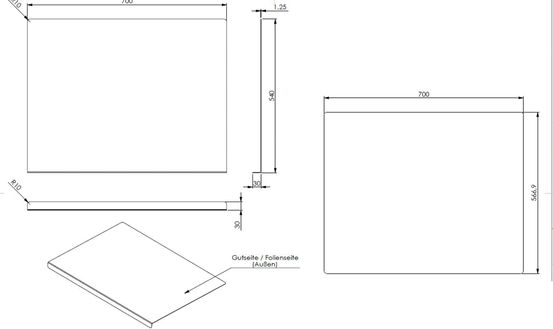 KOCH #87 Edelstahl Schneidebrett, Arbeitsfläche, Knetbrett satinierte Oberfläche 70 x 54cm OHNE hint