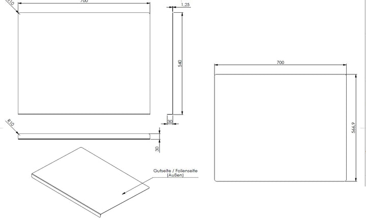 KOCH #87 Edelstahl Schneidebrett, Arbeitsfläche, Knetbrett satinierte Oberfläche 70 x 54cm OHNE hint
